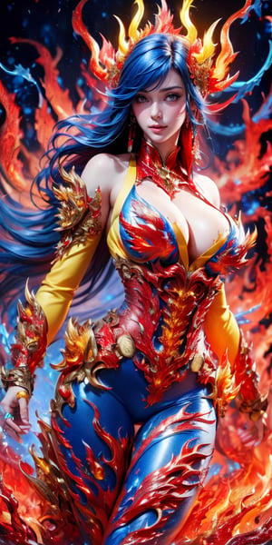 Fantasy Art, (Highest Quality, Masterpiece: 1.2), Super Detailed, (Photoreal: 1.5), (Sharp Focus), Female Spirit of Molten Fire Burning in Red, Full Body, Detailed Elemental of Molten Fire, (Red and Yellow and blue flames: 1.8), (in a fantasy world), gentle smile, strong eyes, beautiful face, detailed face, perfect proportions, huge breasts, thin waist, navel, buttocks, crotch gap, thighs, hands dynamic poses, steampunk style, detail master 2,