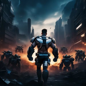 A dynamic action scene featuring a muscular man in tattered combat gear, fiercely battling a horde of metallic robots in a desolate, post-apocalyptic cityscape. The scene is framed with the man at the center, surrounded by towering, crumbling buildings and debris-strewn streets. The lighting is harsh and dramatic, with stark shadows and occasional flashes of light from explosions. The composition emphasizes the man's intense focus and the robots' mechanical precision, capturing the chaos and tension of the fight.