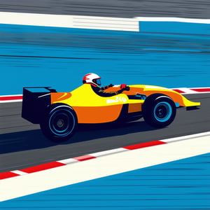 A flat illustration of a racer speeding down a track, featuring bold, simplified shapes and vibrant colors. The racer is centered, depicted in a dynamic pose with hands on the wheel, and the track is a continuous line stretching into the distance. The lighting is uniform, with no shadows, creating a clean, graphic look. The composition is balanced, with the racer's vehicle highlighted in a contrasting color to stand out against the track. The illustration captures the essence of speed and competition in a stylized, two-dimensional format.