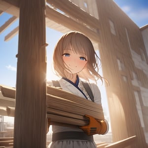 masterpiece, best quality, noto, japan, 1girl, carrying wood planks, work gloves, determined expression, rebuilding damaged building, clear blue sky, sunshine, sense of community, dedication, hard work, but smiling softly, radiant lighting, soft focus, warm colors, fresh start, hope, intricate clothing textures, xxmixgirl