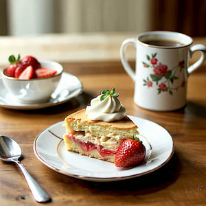 A still life setup on a warm wooden table: a delicate cup and saucer sit beside a teacup, with a slice of moist strawberry shortcake placed neatly on the plate. A mug of steaming hot coffee and a spoon rest alongside, as if waiting for the perfect moment to dig in. The camera captures the scene with a slight blur, emphasizing the textures and colors of the dessert. In the foreground, a small bowl of creamy whipped topping and a few fresh strawberries add pops of white and green.