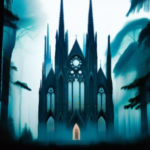 A serene image of an old gothic cathedral, its towering spires and intricate stonework partially obscured by a thick, misty forest. The cathedral's grand entrance is framed by ancient, gnarled trees, their branches reaching out like shadows. Soft, diffused light filters through the mist, casting an ethereal glow on the cathedral's stained glass windows, which reflect a kaleidoscope of muted colors. The composition captures the cathedral's majestic presence amidst the natural, almost mystical setting of the forest.