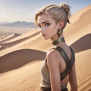 skinny, young, teen on a mountain, platinum blonde hair hazel eyes, female, (masterpiece) , handsome, pointy ears, short hair, undercut, man bun, earings, rogue, Dune style