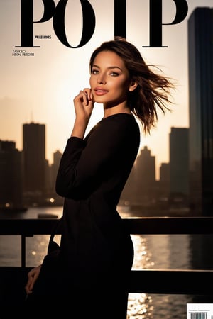 A sleek, high-gloss magazine cover features a stunning model posing confidently against a backdrop of city skyscrapers at sunset. The warm golden light casts a flattering glow on her porcelain skin as she cradles the publication's title in one hand and gazes directly into the camera lens with a sultry smile. The bold font and vibrant colors of the magazine title pop against the dark urban landscape, making for a captivating visual statement.