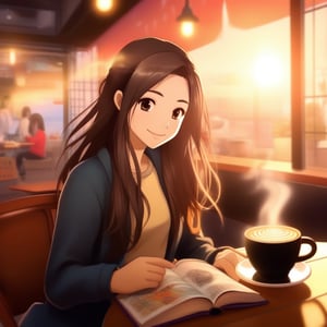 An anime-style illustration of a long-haired woman sitting at a coffee table, vibrant colors and soft lighting creating a warm atmosphere. The composition highlights her animated expression, with a steaming cup of coffee and a manga book on the table, set in a charming café backdrop, capturing a slice of her vibrant life.