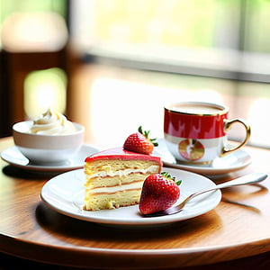 food, blurry, cup, no humans, fruit, table, plate, teacup, cake, mug, realistic, strawberry, spoon, fork, saucer, coffee, food focus, cream, still life, dessert, wooden table