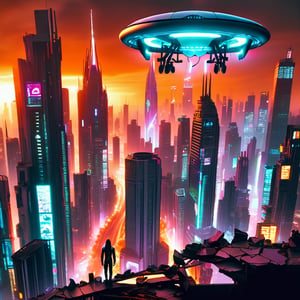 A futuristic cityscape at dusk: sleek skyscrapers pierce the smoggy orange sky as neon lights and holographic advertisements flicker to life. A hovering drone zips past, leaving a trail of digital sparks in its wake, while a lone figure in a metallic jumpsuit stands atop a crumbling ruin, gazing out upon the dystopian metropolis.