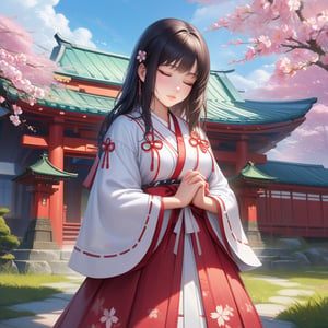 1girl, long straight black hair, beautiful almond shaped brown eyes, rosy cheeks, cute nose, soft pink lips, wearing a traditional white and red miko shrine maiden outfit, holding her hands together in front of her chest, eyes closed, head tilted down, praying, standing in front of the blue ocean, warm sunlight shining down, fluffy white clouds in a bright blue sky, vibrant green grass, detailed traditional Japanese shrine surrounded by cherry blossom trees in full bloom in the background, digital painting, artstation, concept art, sharp focus, photorealistic, 4k, xxmixgirl