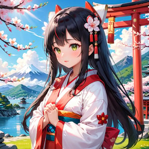 1girl, long straight black hair, beautiful almond shaped brown eyes, rosy cheeks, cute nose, soft pink lips, wearing a traditional white and red miko shrine maiden outfit, holding her hands together in front of her chest, eyes closed, head tilted down, praying, standing in front of the blue ocean, warm sunlight shining down, fluffy white clouds in a bright blue sky, vibrant green grass, detailed traditional Japanese shrine surrounded by cherry blossom trees in full bloom in the background, digital painting, artstation, concept art, sharp focus, photorealistic, 4k, xxmixgirl