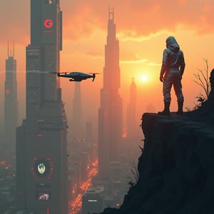 A futuristic cityscape at dusk: sleek skyscrapers pierce the smoggy orange sky as neon lights and holographic advertisements flicker to life. A hovering drone zips past, leaving a trail of digital sparks in its wake, while a lone figure in a metallic jumpsuit stands atop a crumbling ruin, gazing out upon the dystopian metropolis.