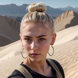 skinny, young, teen on a mountain, platinum blonde hair hazel eyes, female, (masterpiece) , handsome, pointy ears, short hair, undercut, man bun, earings, rogue, Dune style