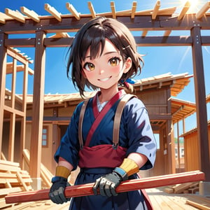 masterpiece, best quality, noto, japan, 1girl, carrying wood planks, work gloves, determined expression, rebuilding damaged building, clear blue sky, sunshine, sense of community, dedication, hard work, but smiling softly, radiant lighting, soft focus, warm colors, fresh start, hope, intricate clothing textures, xxmixgirl