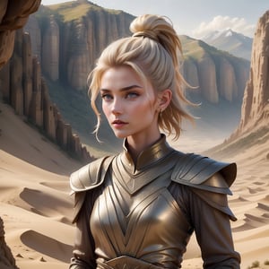 skinny, young, teen on a mountain, platinum blonde hair hazel eyes, female, (masterpiece) , handsome, pointy ears, short hair, undercut, man bun, earings, rogue, Dune style