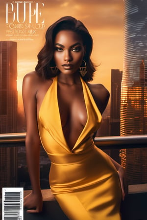 A sleek, high-gloss magazine cover features a stunning model posing confidently against a backdrop of city skyscrapers at sunset. The warm golden light casts a flattering glow on her porcelain skin as she cradles the publication's title in one hand and gazes directly into the camera lens with a sultry smile. The bold font and vibrant colors of the magazine title pop against the dark urban landscape, making for a captivating visual statement.