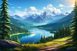 A serene landscape: A majestic mountain range stretches across the canvas, with a warm sunlight casting long shadows on the lush green forest below. In the distance, a tranquil lake sparkles like diamonds against the blue sky. Trees sway gently in the breeze, as a winding path disappears into the misty veil of the mountainside.