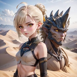 skinny, young, teen on a mountain, platinum blonde hair hazel eyes, female, (masterpiece) , handsome, pointy ears, short hair, undercut, man bun, earings, rogue, Dune style