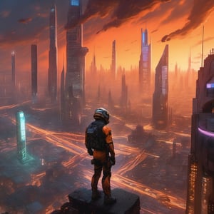 A futuristic cityscape at dusk: sleek skyscrapers pierce the smoggy orange sky as neon lights and holographic advertisements flicker to life. A hovering drone zips past, leaving a trail of digital sparks in its wake, while a lone figure in a metallic jumpsuit stands atop a crumbling ruin, gazing out upon the dystopian metropolis.