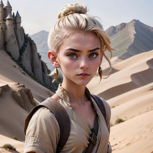 skinny, young, teen on a mountain, platinum blonde hair hazel eyes, female, (masterpiece) , handsome, pointy ears, short hair, undercut, man bun, earings, rogue, Dune style,Dune Style