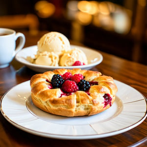 A delicious-looking pastry with a lattice top and a berry filling sits on a table. There is a cup of coffee and a bowl of ice cream in the background. The pastry is the main subject of the image, and it is in focus. The colors in the image are warm and inviting. The mood of the image is peaceful and relaxing. Pastry, close-up, in focus, warm colors, peaceful, relaxing, food photography, still life, bakery, camera lens: 50mm, f/2.8, ISO 100, natural light, soft focus, shallow depth of field, blurred background, intricate details, HDR, beautifully shot, hyperrealistic, sharp focus, 64 megapixels, perfect composition, high contrast, cinematic, atmospheric, moody