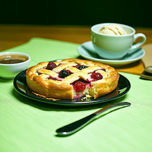 A sumptuous pastry with a delicate lattice top and luscious berry filling occupies the frame, bathed in warm, golden light. The camera's 50mm lens captures the intricate details of the pastry's surface, while the shallow depth of field blurs the background, focusing attention on the treat. A cup of coffee and bowl of ice cream sit nearby, adding to the inviting atmosphere. The image exudes a peaceful, relaxing mood, perfect for savoring a sweet indulgence.