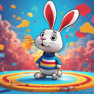 A vibrant 3D cartoon scene featuring a bright blue background with swirling white clouds. In the foreground, a cartoon rabbit in a red and yellow striped sweater holds a giant pencil, standing on one leg while tilting its head to gaze up at a thought bubble filled with colorful scribbles. The lighting is soft and warm, with a slight gradient effect giving the scene a whimsical quality.