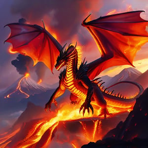 A fiery dragon, enhanced with ek_game_3ffect, soars dramatically in the sky above an erupting volcano, its scales glowing with ek_ges1ba. The dragon's wings are spread wide, casting dynamic shadows over the fiery lava flows below, with a touch of ek_ge1frt in its fierce expression. The background features a dramatic volcanic eruption with glowing lava and ash plumes, creating a vivid and intense scene. The composition captures the dragon in mid-flight, emphasizing its powerful presence against the tumultuous volcanic landscape.