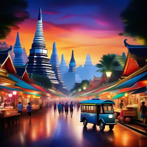 Create a vibrant poster image featuring the bustling streets of Bangkok, Thailand. The composition showcases a lively street scene with tuk-tuks, street vendors, and colorful neon signs. The framing captures the essence of the city, with a mix of traditional and modern elements. The lighting is dynamic, highlighting the contrast between the warm glow of street lamps and the cool neon lights. The overall atmosphere is energetic and inviting, capturing the spirit of Bangkok.