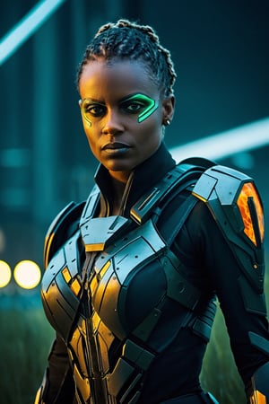 A close-up of a woman in a futuristic suit, determined eyes focused ahead, sprinting through a field of fire, BREAK amidst a backdrop of a dystopian cityscape, dilapidated buildings, and flaming debris, BREAK exuding a sense of powerful resilience, BREAK rendered in advanced digital cyberpunk art style, with a touch of gritty realism, BREAK lit by the fiery glow, casting dramatic shadows and highlighting the intricate details of her suit, a dynamic perspective capturing her in mid-stride, BREAK displaying a meticulously crafted, 8K stunning artwork, suitable for a highly detailed 4K HD wallpaper