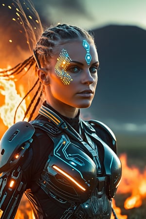 a close up of a woman in a futuristic suit running through a field of fire, sci-fi digital art, 4k highly detailed digital art, advanced digital cyberpunk art, digital artwork 4 k, sci fi epic digital art, beutiful girl cyborg, 8k stunning artwork, 8k hd wallpaper digital art, cyborg girl, 4k detailed digital art