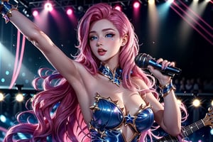 Seraphine from League of legends, detailed face, huge breasts, juicy body, hot body, well detailed, cinematic lights, cinematic shot, 4k, she is singing,(cute face) (blue eyes) (korean face traits) (pink hair) (vey long hair) (classic seraphine costume) (in concert) (singing) (microphone in hand) (visible armpits) (sensual pose) (only 2 arms) (1girl only) (people watching her)  (little blue star on cheek)  ,seraphine1, 1girl
