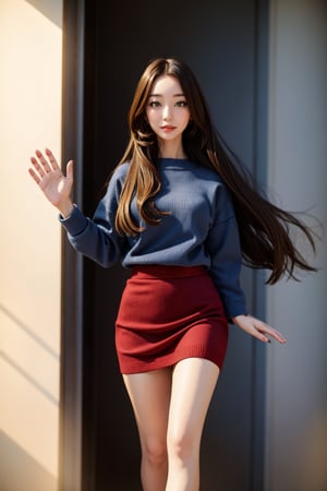 masterpiece, best quality, official art, aesthetic, 1girl, tight skirt, sweater, long hair, straight hair 