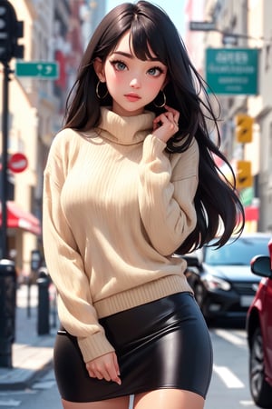 a woman, sweater, tight skirt, long hair, black hair