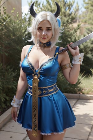 Monroe, in a blue dress holding a sword, samira from league of legends, ne zha from smite, ornate cosplay, morgana from league of legends, glamourous cosplay, senna from league of legends, from league of legends, irelia from league of legends, league of legends inspired, cosplay, professional cosplay, elegant glamourous cosplay