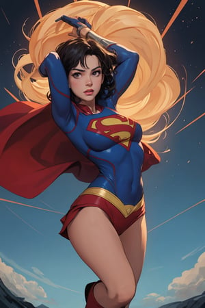 supergirl in an classic superman pose looking the camera