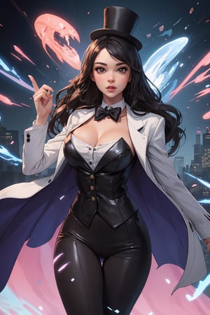 ultra detailed shot of a young woman, (Hailee Steinfeld) dressed as zatanna zatara, she wears a top hat fishnet stockings very short leather pants white shirt and a tailcoat jacket, magical, art by mschiffer, ethereal, Zatanna from DC comics, she's making some magic, magical lights, 32k resolution, best quality, dynamic pose, action pose