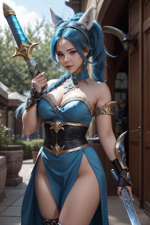 Monroe, in a blue dress holding a sword, samira from league of legends, ne zha from smite, ornate cosplay, morgana from league of legends, glamourous cosplay, senna from league of legends, from league of legends, irelia from league of legends, league of legends inspired, cosplay, professional cosplay, elegant glamourous cosplay