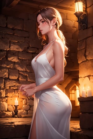 ultra detailed 8k cg, Attractive woman sorcerer translucent white dress, wet, realistic photo side view, dungeons, side light