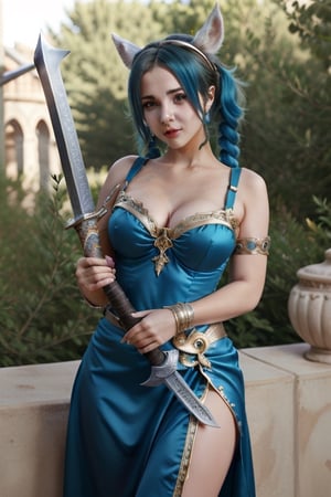 Monroe, in a blue dress holding a sword, samira from league of legends, ne zha from smite, ornate cosplay, morgana from league of legends, glamourous cosplay, senna from league of legends, from league of legends, irelia from league of legends, league of legends inspired, cosplay, professional cosplay, elegant glamourous cosplay