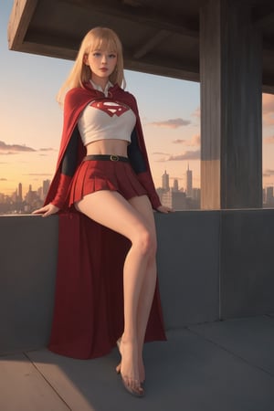 1girl, arm support, bangs, belt, blue eyes, blue skirt, blush, blonde hair, breasts, building, cape, cityscape, closed mouth, crop top, cropped shirt, day, feet out of frame, floating hair, from below, legs together, long hair, long sleeves, looking at viewer, medium breasts, midriff, navel, outdoors, pink lips, pleated skirt, red cape, sitting, skirt, skyscraper, solo, sunset, superhero, yellow sky , ((masterpiece)) ,JIM LEE