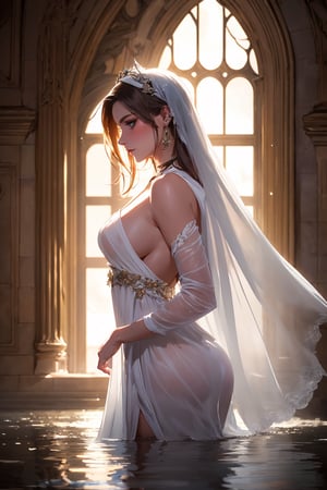 An enchantingly magical sorceress, glistening with ethereal beauty, gracefully dons a flowing, translucent white dress that seems to shimmer like water. Captured expertly in an ultra-detailed 8K photograph, this side view image showcases the sorceress's captivating allure, highlighted by the gentle side light. The intricate details of her features, seamlessly blended with photorealism, bring an exceptional level of realism to this stunning portrayal. Within the atmospheric ambience of the dungeons, the sorceress stands as a mesmerizing presence, leaving viewers utterly entranced by her enchantment.