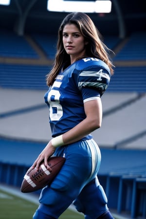 a woman playing american football, (wearing football_uniform:1.3), blue uniform, good hand,4k, high-res, masterpiece, best quality, head:1.3,((Hasselblad photography)), finely detailed skin, sharp focus, (cinematic lighting), night, soft lighting, dynamic angle, [:(detailed face:1.2):0.2],(((inside_stadium))),