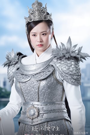 cfairy,
The image is a high-resolution photograph featuring a young woman dressed in traditional Chinese armor. She has a fair skin tone, delicate features, and is of East Asian descent. Her hair is dark and styled in a simple, sleek manner, pulled back from her face. She wears an ornate, silver helmet adorned with intricate floral patterns, which sits atop her head.

Her armor is equally elaborate, consisting of a breastplate covered in overlapping scales, each meticulously crafted with a silver sheen. The breastplate features an ornate, detailed design with symmetrical patterns and an embossed, stylized bird motif at the center. A matching belt with a similar scale pattern is cinched around her waist, securing the armor.

She wears a white, long-sleeved tunic underneath the armor, which is visible at the neckline and sleeves. The fabric appears to be soft and light, contrasting with the heavy, metallic texture of the armor. The background is a soft, blurred gradient of blue and white, suggesting an outdoor setting with clear skies. The overall composition emphasizes the intricacy and craftsmanship of her armor, which is a focal point of the image. bingYan