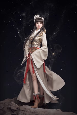 cfairy,
This is a high-resolution photograph featuring a young East Asian woman standing against a dark, starry night sky, suggesting an outdoor setting. She has a fair complexion and long, straight black hair that is parted in the middle and falls down her back. Her hair is adorned with a delicate, golden headband with a small, red gemstone at the center.

She is dressed in traditional East Asian attire, specifically a long-sleeved, light beige silk robe with intricate embroidery and a high collar. The robe is cinched at the waist with a wide, ornate red sash. Over this, she wears a lavish gold and silver chest piece adorned with circular and geometric designs, which is tied at the back with a red cord. Her attire is completed with brown, fur-lined boots that extend up to her knees, adding a touch of ruggedness to the otherwise elegant ensemble.

The background is a deep, star-filled sky, with soft, diffuse lighting that highlights the woman's face and attire. The overall mood is serene and ethereal, with a focus on the woman's cultural attire and her connection to nature. xiaofeng.