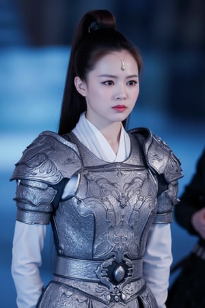 cfairy,
This is a high-resolution photograph of a young East Asian woman in traditional Chinese armor, likely from a historical period. The image captures her from the waist up, showing her face and upper body. She has a fair complexion with smooth skin, and her dark hair is styled in a high ponytail, cascading down her back. Her expression is calm and composed, with her lips slightly parted and her eyes looking directly at the camera.

She is adorned in an intricately detailed, silver-plated armor that covers her shoulders and chest. The armor is adorned with ornate, overlapping scales and patterns, giving it a highly textured and reflective appearance. The armor is fastened with a belt at her waist, and the sleeves of her white, high-collared tunic are visible underneath, suggesting a mix of traditional and modern attire.

The background is blurred, focusing attention on the subject. The lighting is soft and diffused, casting a cool, blueish hue over the scene, enhancing the metallic sheen of the armor. The overall mood is serene and regal, emphasizing the historical and cultural significance of the attire. bingYan.