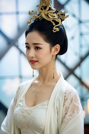 This is a high-resolution photograph of a young East Asian woman with fair skin and a delicate, elegant appearance. She is dressed in traditional Dunhuang attire, specifically a white, flowing, silk robe adorned with intricate lace and embroidery. The robe has a soft, ethereal quality, with delicate sleeves that drape gracefully. Her hair is styled in an elaborate updo, adorned with a golden headdress featuring intricate dragon motifs, which adds a touch of regality to her ensemble.

The woman wears a delicate necklace and matching earrings, both of which add to her refined look. Her makeup is subtle yet sophisticated, featuring a soft pink lipstick and natural eye makeup that enhances her features without being overdone. Her expression is calm and composed, with a slight smile on her lips.

The background of the image is a blurred, ethereal scene, featuring a large, diamond-shaped window with a blue and white pattern, suggesting an indoor setting. The window light illuminates the scene, casting a soft, diffused glow that accentuates the woman's features and the textures of her attire. The overall mood of the photograph is serene and elegant, capturing a moment of timeless beauty. duling.