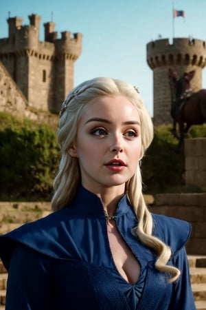 (Daenergs Tagaryen),Knight, Armour, silver, gothic, Arthurian, camelot, dnd character portrait, high fantasy, castle background, kings landing, dragon princess of the seven kingdom, realistic,Game of Thrones,dragonborn, honor,dragon fire, (high detailed skin:1.1), lord of the rings (but careful with the word "lord"),