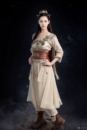 cfairy,
This is a high-resolution photograph featuring a young East Asian woman standing against a dark, starry night sky, suggesting an outdoor setting. She has a fair complexion and long, straight black hair that is parted in the middle and falls down her back. Her hair is adorned with a delicate, golden headband with a small, red gemstone at the center.

She is dressed in traditional East Asian attire, specifically a long-sleeved, light beige silk robe with intricate embroidery and a high collar. The robe is cinched at the waist with a wide, ornate red sash. Over this, she wears a lavish gold and silver chest piece adorned with circular and geometric designs, which is tied at the back with a red cord. Her attire is completed with brown, fur-lined boots that extend up to her knees, adding a touch of ruggedness to the otherwise elegant ensemble.

The background is a deep, star-filled sky, with soft, diffuse lighting that highlights the woman's face and attire. The overall mood is serene and ethereal, with a focus on the woman's cultural attire and her connection to nature. xiaofeng.