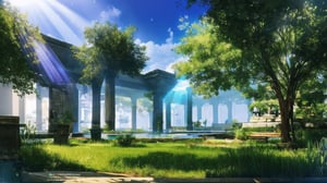 wallpaper scenery, artist name, water, tree, no humans, watermark, plant, scenery, science fiction, light rays, ruins, lost ark