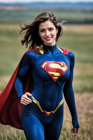 ASCII(cowboy shot), sfw, (masterpiece), (best quality:1.0), (ultra highres:1.0), detailed eyes 1girl, looking at viewer, dynamic pose, supermansuit, blue bodysuit, red cape, (battlefield, outdoors, gorgeous view), an epic superman from a multiverse flying at full speed towards the camera, smile
