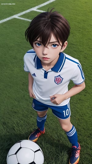 ((masterpiece)),((best quality)),ultra-detailed,illustratio,wallpaper,perfect lighting,Colorful,ultra highres,4K,photography,anime coloring,1boy, soccer ball, ball, closed mouth, sportswear, short hair, black hair, holding, shirt, solo, hair between eyes, bangs, collared shirt, soccer, white shirt, holding ball, brown hair, blue eyes,official style,anime screencap,outdoor,meadow,full body,soccer field, grass, soccer goal, female body, masculine, (breast), hairy, male face, transgirl,